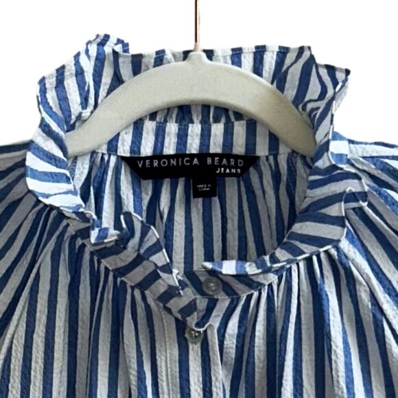 Veronica Beard Calisto Washed Blue White Ruffle Collar Button Revolve Shirt S - Picture 8 of 14